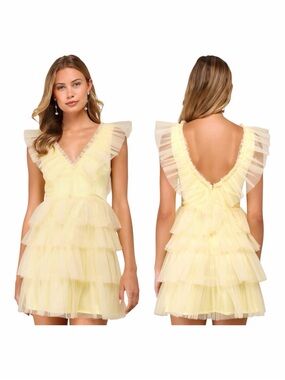 Lulu's Pale Yellow Tiered Tulle Mini Dress NET medium